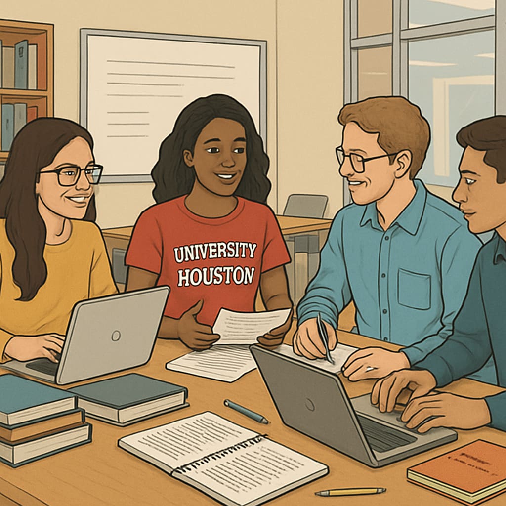 A group of University of Houston students collaborating in a library study room, discussing notes and working on laptops. University of Houston students in a library study group.
