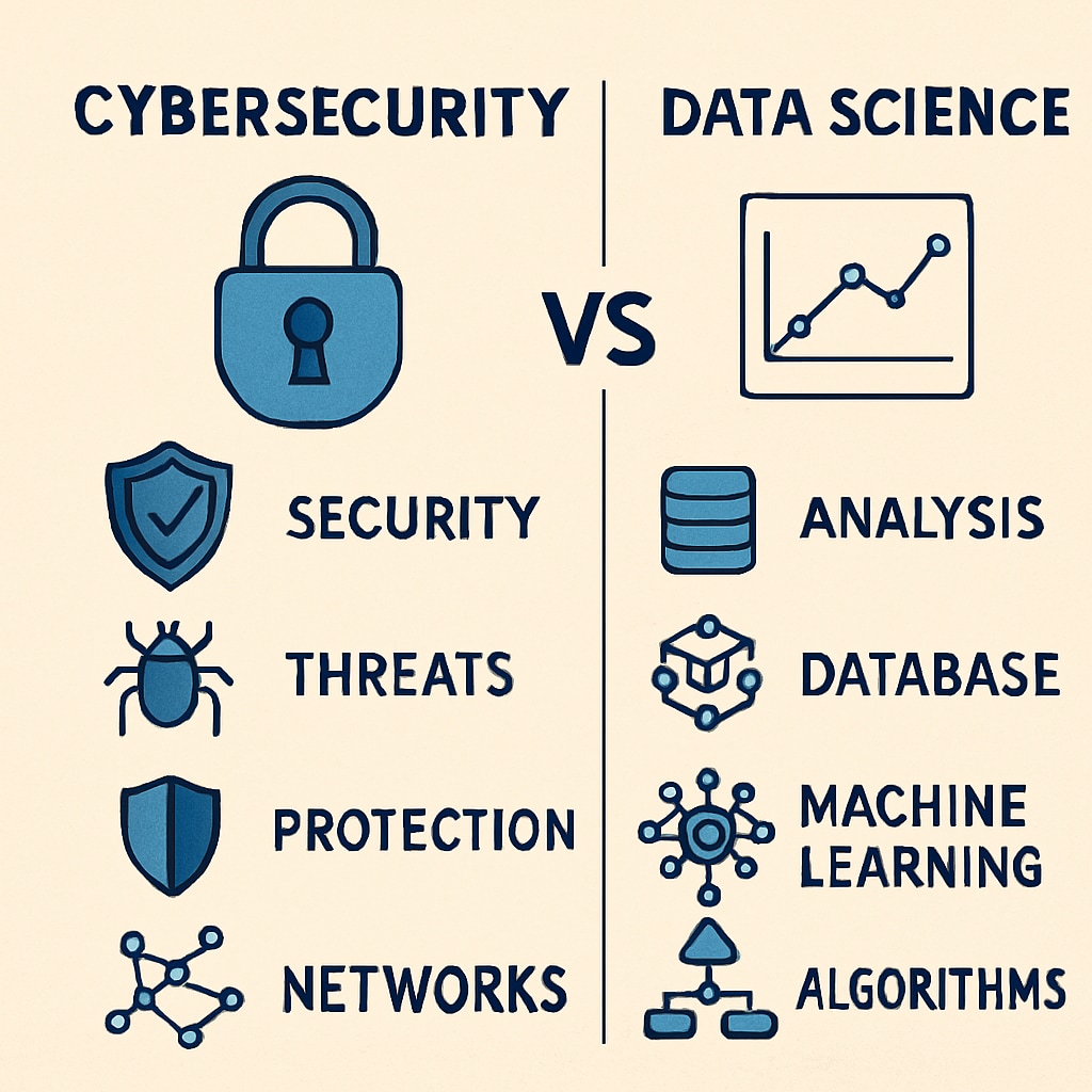 A comparison chart illustrating the differences between cybersecurity and data science. Chart comparing cybersecurity and data science career paths.