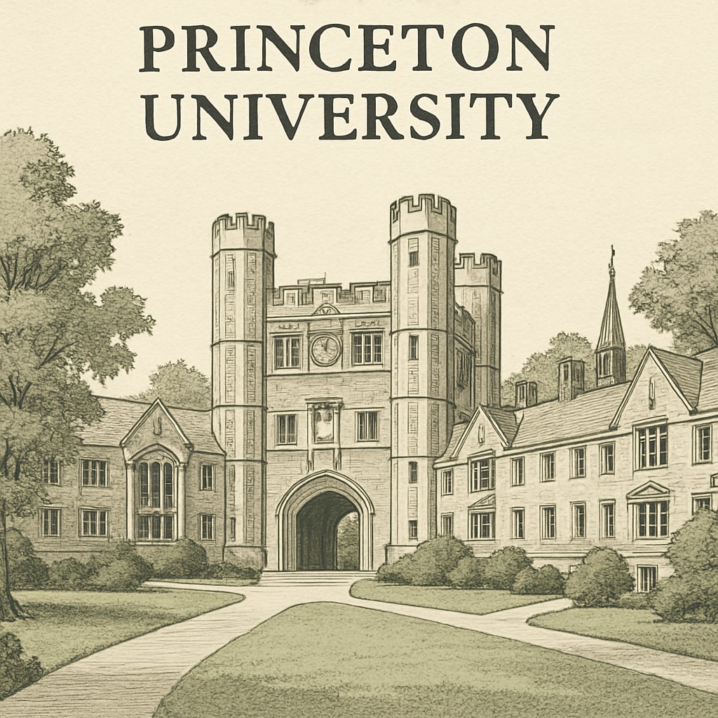 A picture of Princeton University campus, showcasing iconic Gothic architecture and a serene environment that reflects its academic prestige. Princeton University campus, illustrating the Ivy League's architectural grandeur.