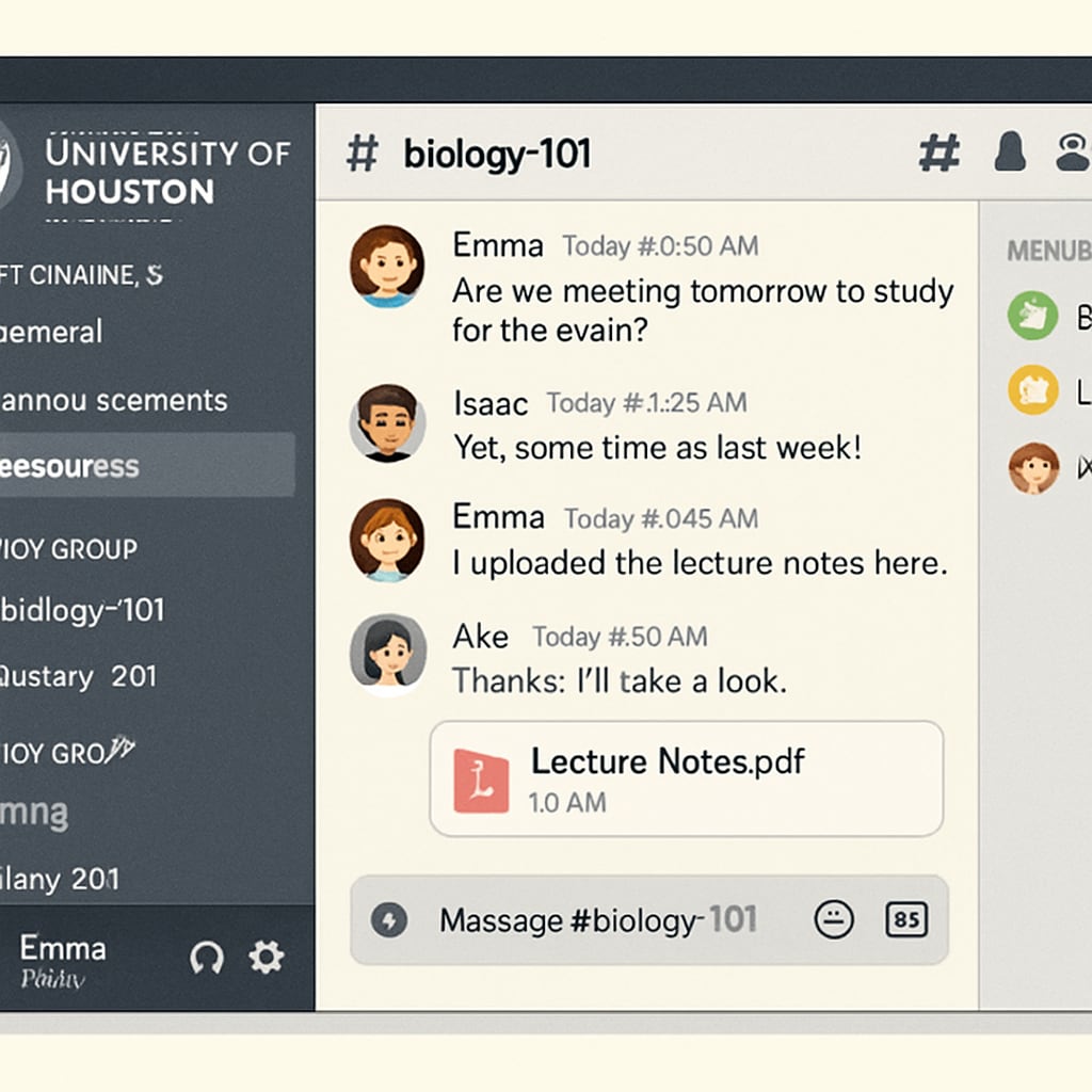 A Discord interface displaying an active University of Houston study group channel with course-specific discussions and file sharing. University of Houston study group on Discord platform.