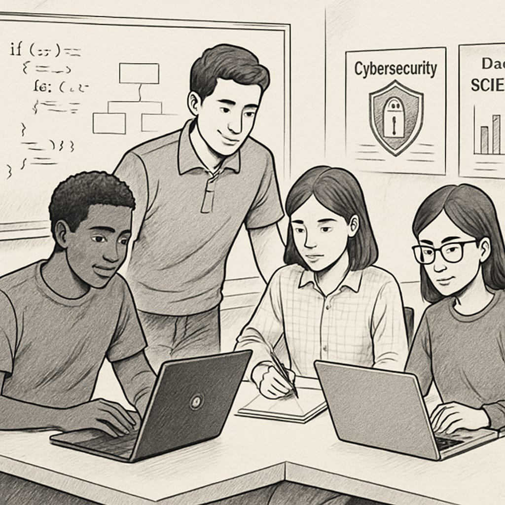 Students working on coding projects, representing the foundational skills needed for both cybersecurity and data science. K12 students coding, foundational skills for cybersecurity and data science.