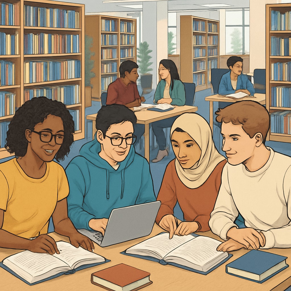 Students studying in a modern university library, highlighting collaboration and diversity in non-Ivy League settings. Students in a university library, indicating the value of education beyond Ivy League schools.