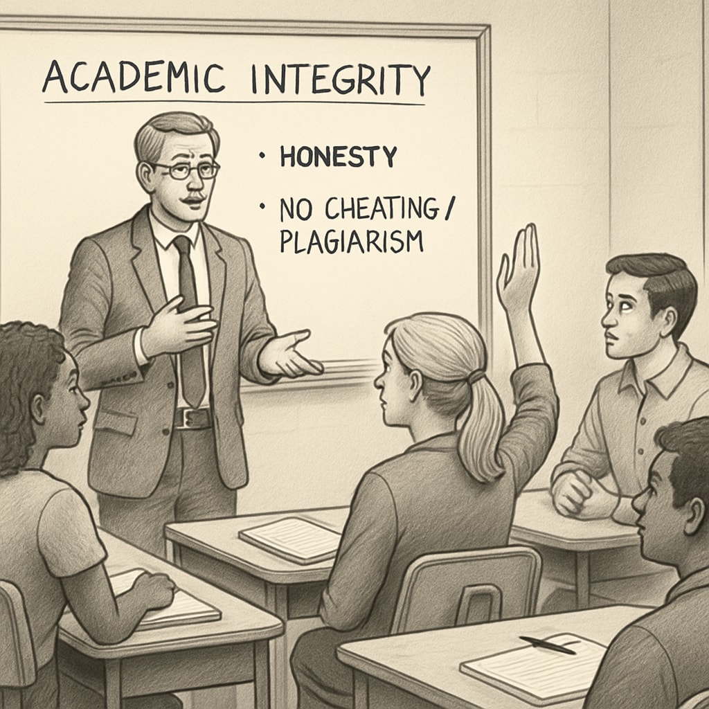 A classroom setting with a professor and students discussing academic integrity. Academic integrity discussion in a classroom setting with students and a professor.