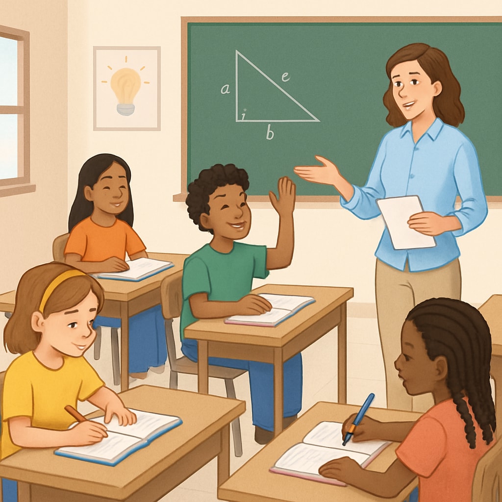 A diverse classroom setting with students and a teacher actively engaged. A multicultural classroom environment illustrating inclusivity.