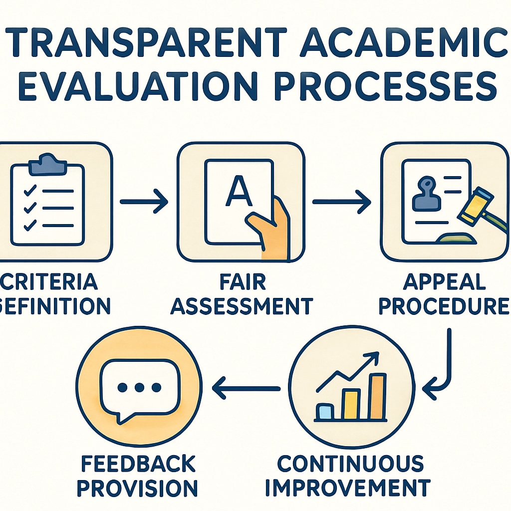 A chart showing steps for transparent academic evaluation processes. Transparency in academic evaluation processes with a clear chart diagram.