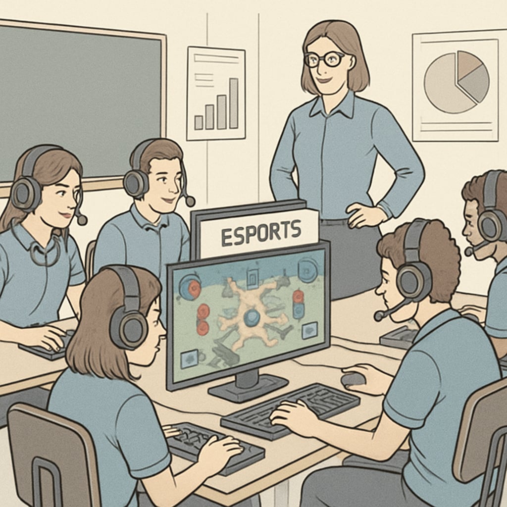 A dynamic image showing students participating in an esports event within a classroom setting, highlighting the integration of gaming and education. Students participating in an esports event within a classroom setting, showcasing the fusion of gaming and education.