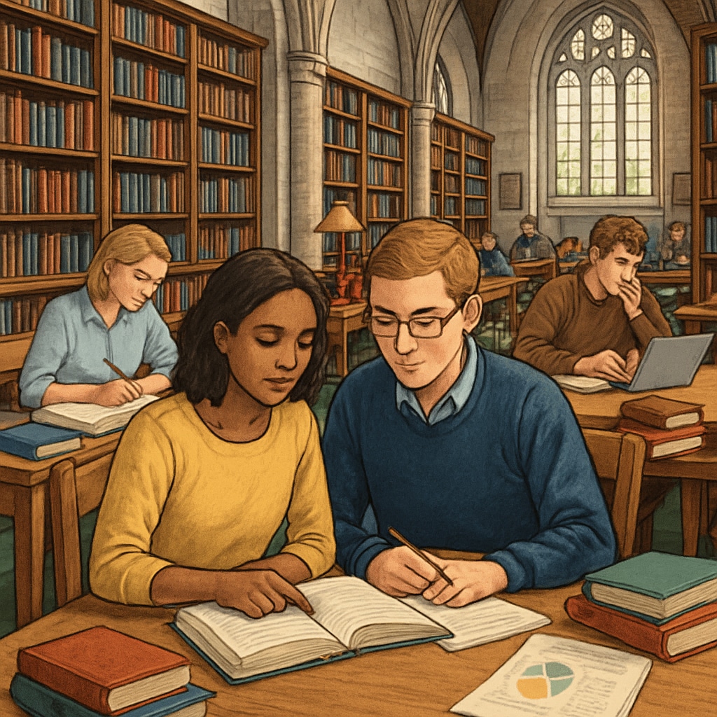 Students studying in a bustling Ivy League library, symbolizing the academic rigor and environment. Ivy League students studying in a library