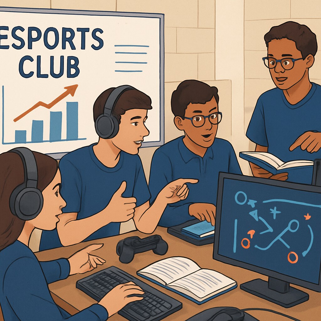 A visual representation of an esports club, showing students collaborating on gaming strategies while engaging with educational materials. Students collaborating on gaming strategies and educational materials in an esports club setting.