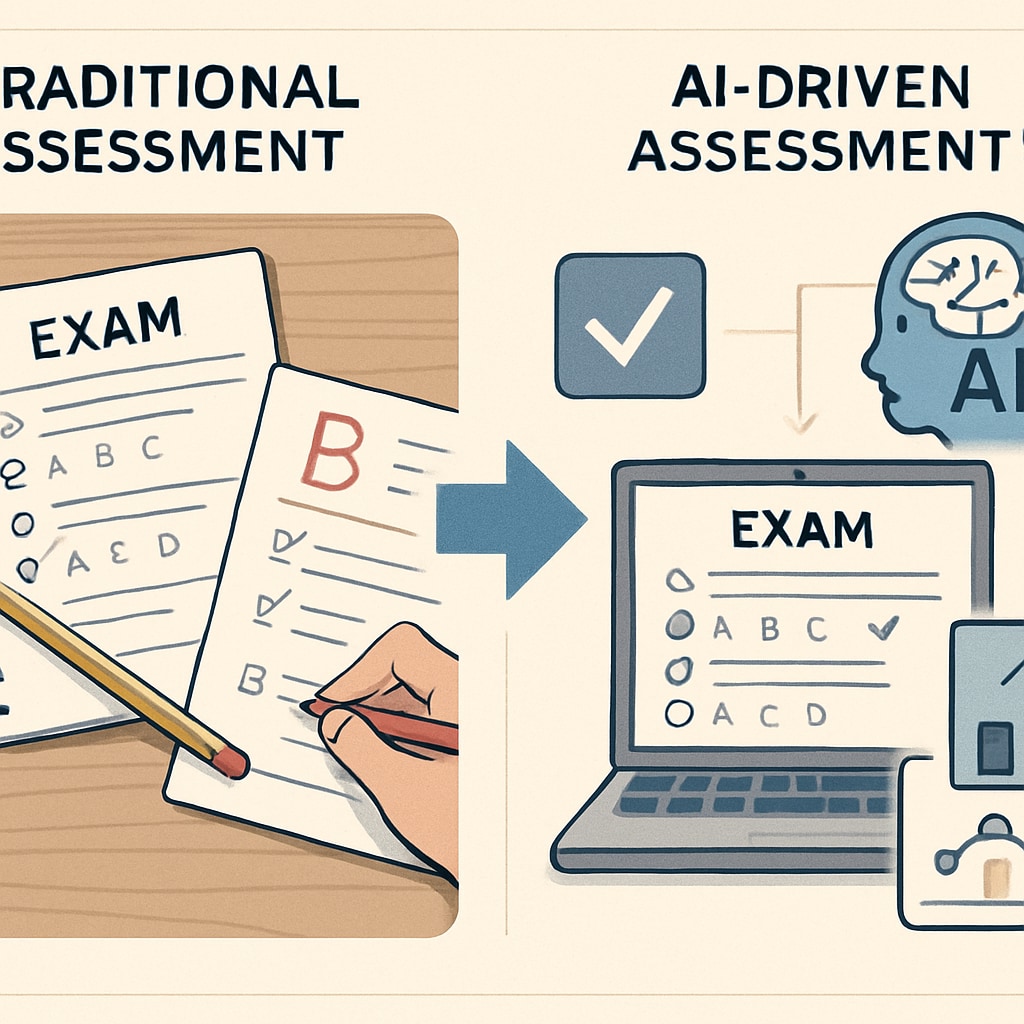 A conceptual image showcasing artificial intelligence transforming educational assessment, illustrating the shift from traditional exam models to AI-driven methodologies. AI transforming educational assessment in K12 competitive exams