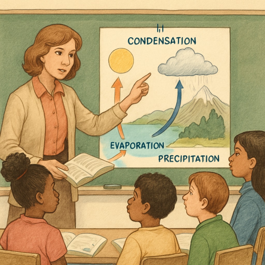 A teacher explaining a science concept using a chart, engaging a diverse group of students. Science teacher using visual aids in a classroom with English learners.