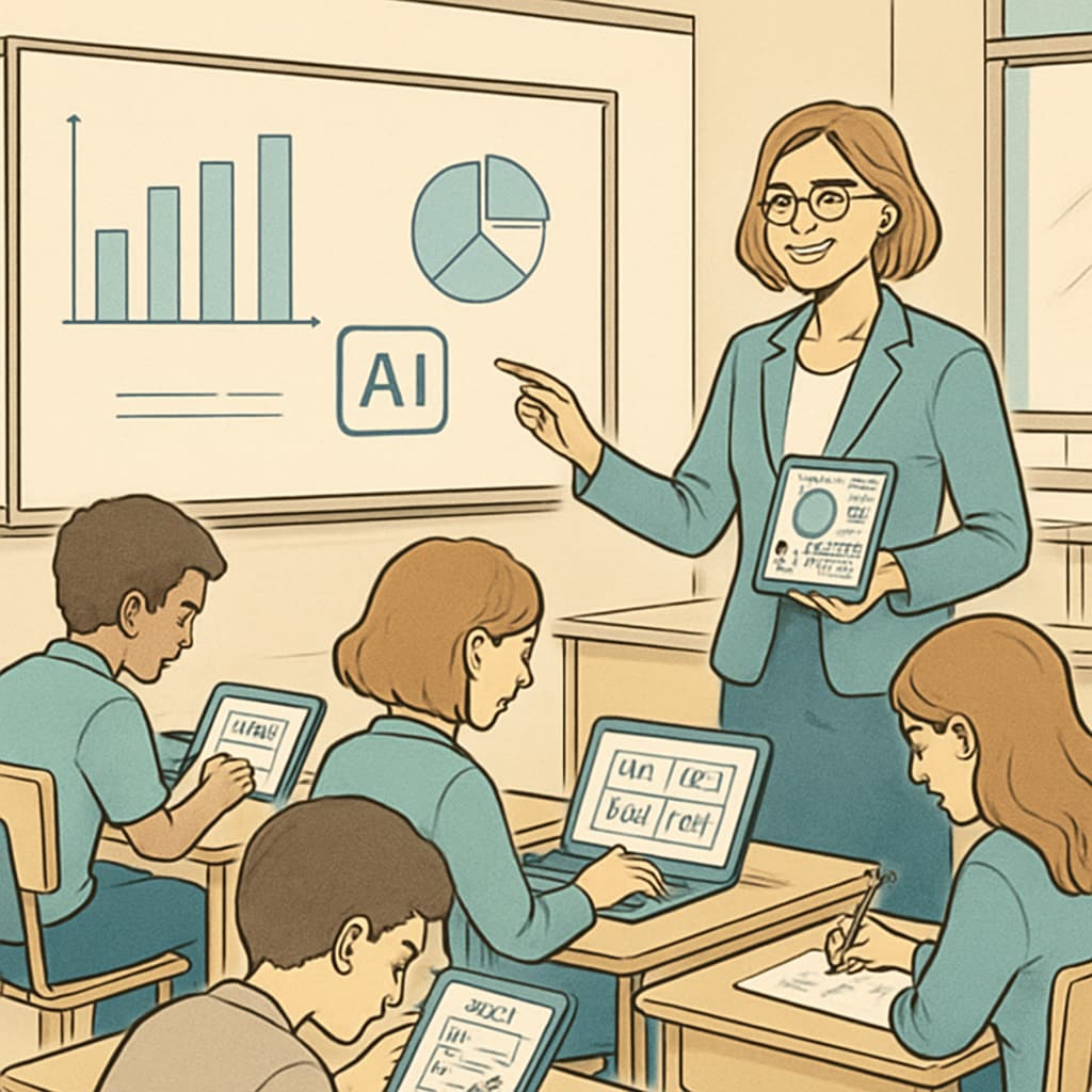 A classroom scene where AI tools are being utilized for real-time student assessment, showcasing the application of technology in modern exams. AI tools used for student assessment in competitive exams