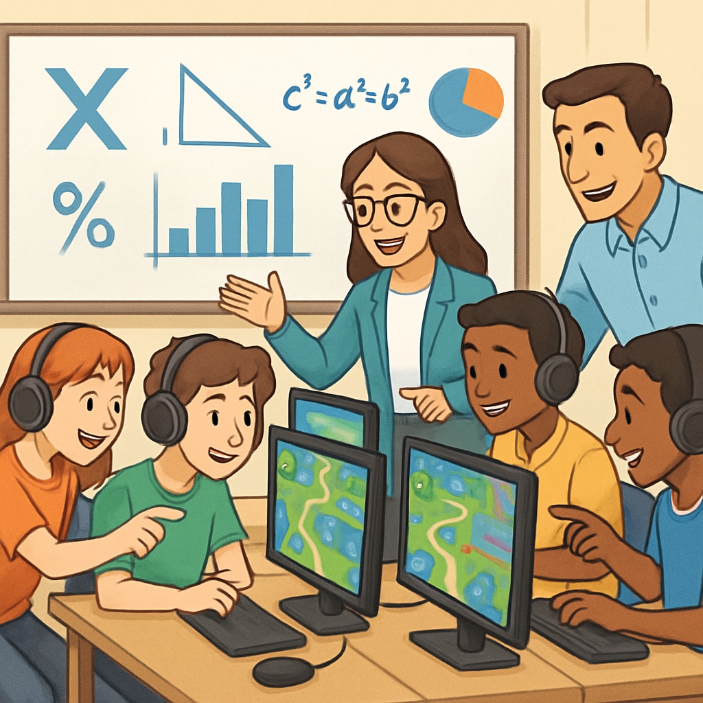 A classroom setting where students are actively participating in an esports-based learning activity, with teachers guiding them on integrating math concepts into gameplay. Students learning math concepts through esports in a classroom setting.