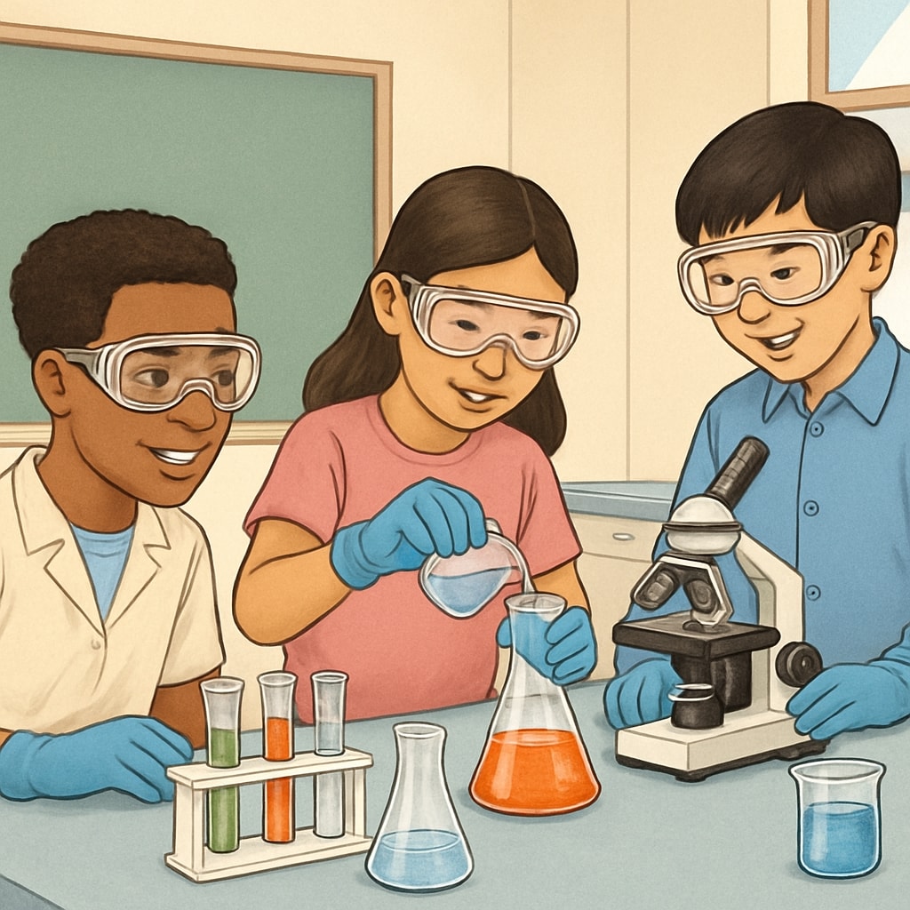 Students, including English learners, conducting a hands-on experiment, collaborating in a science lab. Diverse students working on a science experiment with hands-on materials.