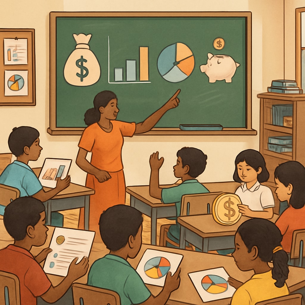 A classroom of students learning about financial literacy through interactive tools, emphasizing the importance of early education in developing countries. Students learning about financial literacy in a classroom setting.