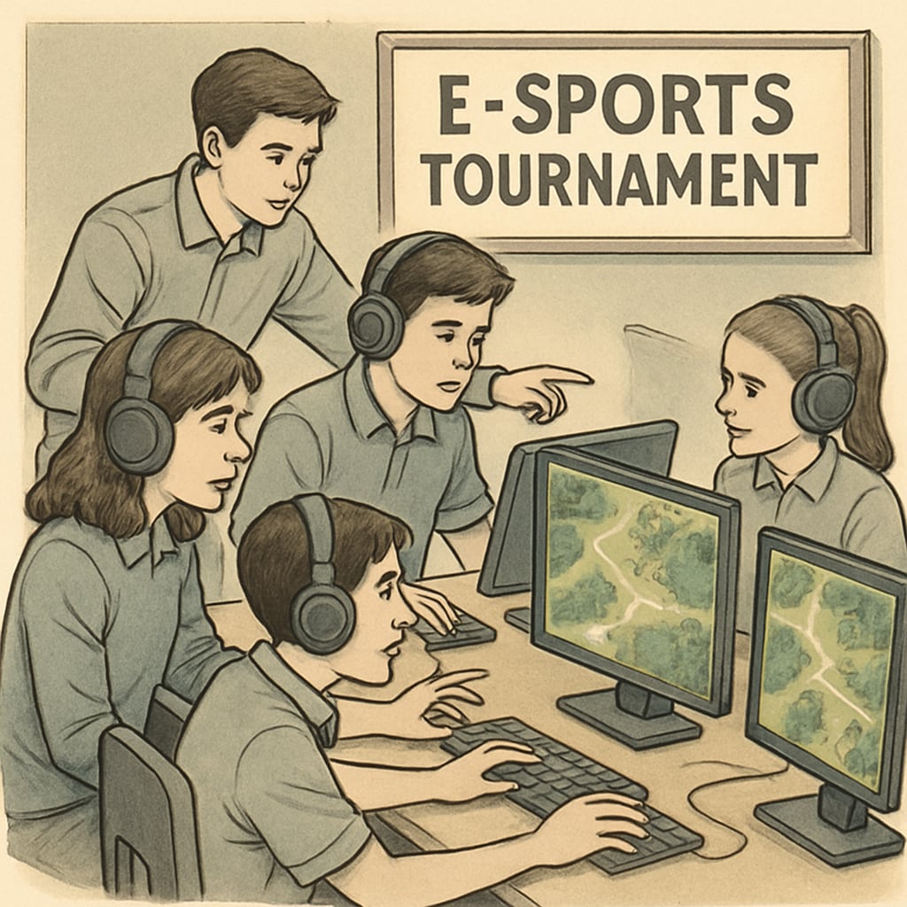 Students participating in a school esports tournament, showcasing teamwork and strategy development during gameplay. K12 students engaging in teamwork during an esports tournament.