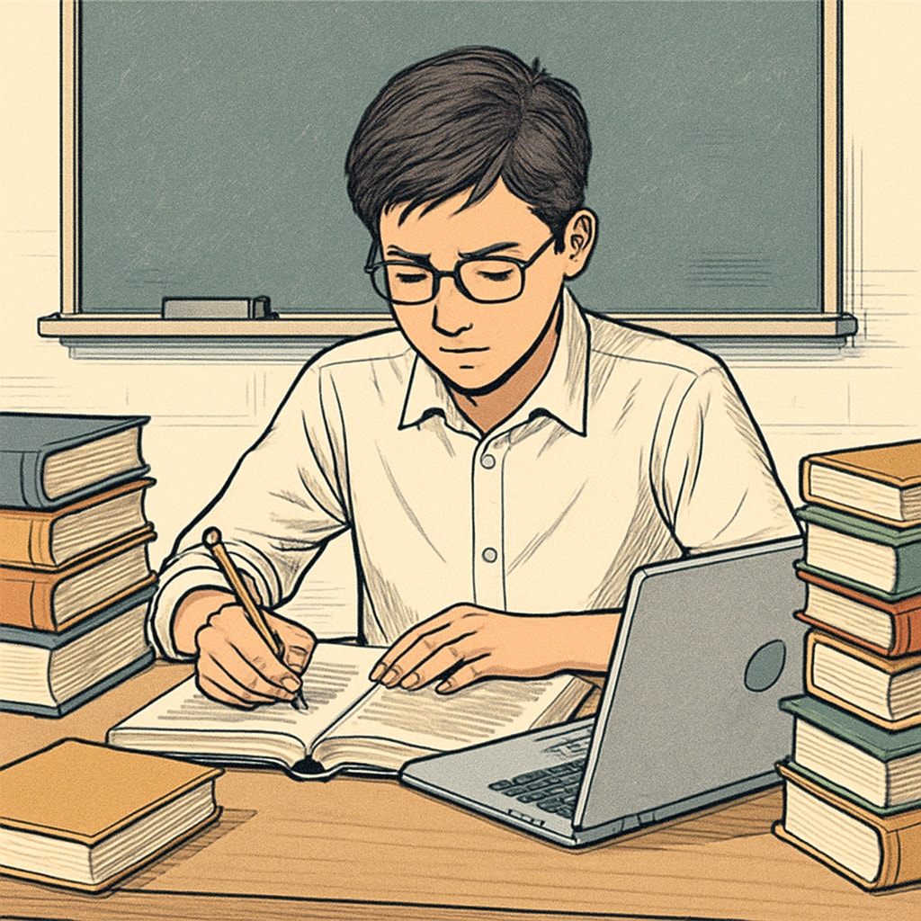 A motivated high school student studying at a desk, surrounded by books and a laptop. The image conveys focus and determination, aligning with the theme of academic excellence. High school student studying for Harvard University admissions with books and a laptop.