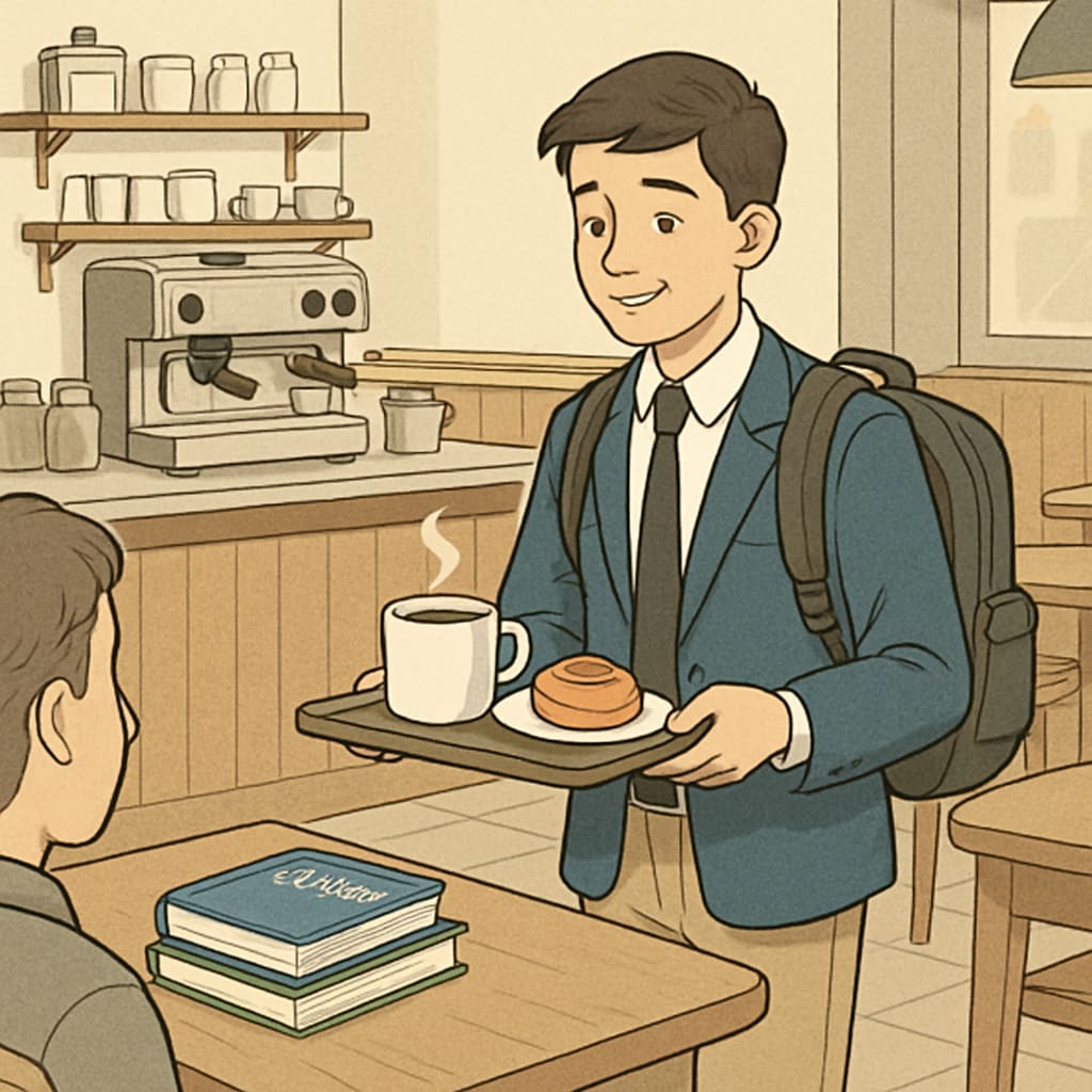 A high school student working part-time at a local café, illustrating the benefits of balancing work and academics. A high school student working part-time, demonstrating life skills and time management.