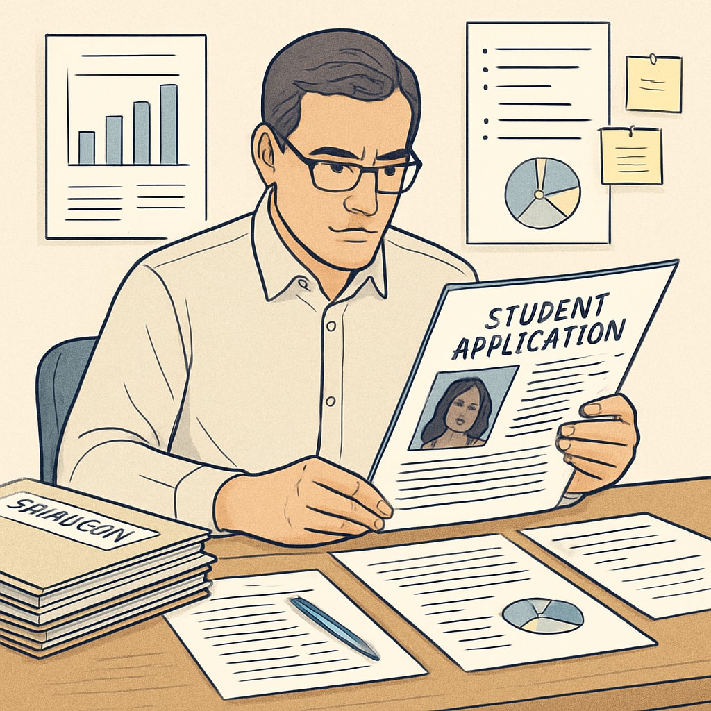 An admissions officer reviewing a diverse student application portfolio. The image highlights the holistic evaluation process discussed in the article. Admissions officer reviewing diverse student applications for Harvard University.