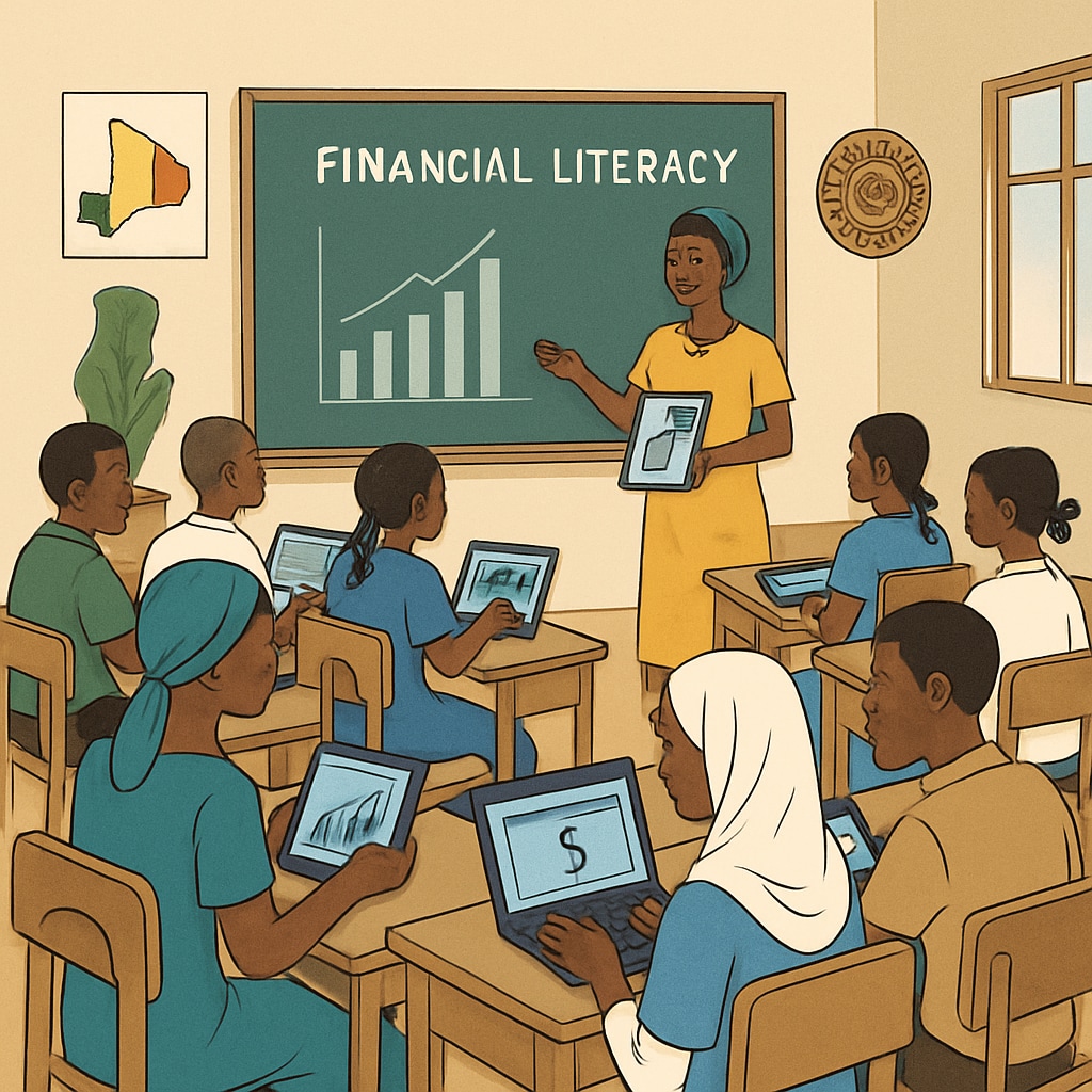 A classroom in Mali where students are learning financial literacy through digital tools Students in a Malian classroom learning financial literacy concepts