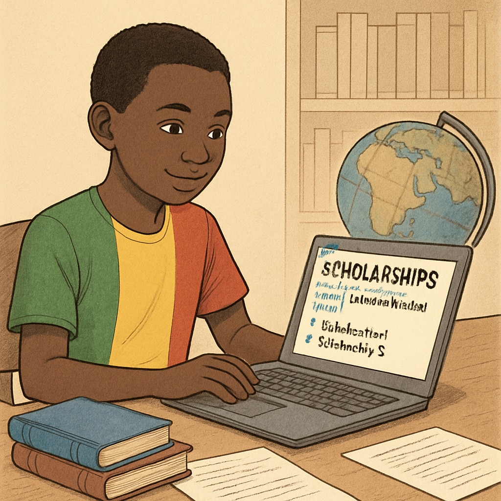 A young student from Mali researching scholarships for studying finance abroad on a laptop Malian student exploring study abroad options online