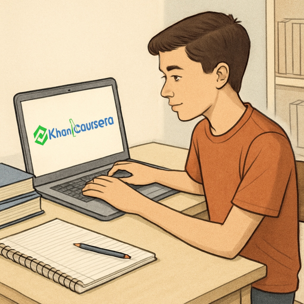 A high school student sitting at a desk with a laptop, exploring online learning platforms such as Khan Academy or Coursera. High school student exploring online learning resources on a laptop.