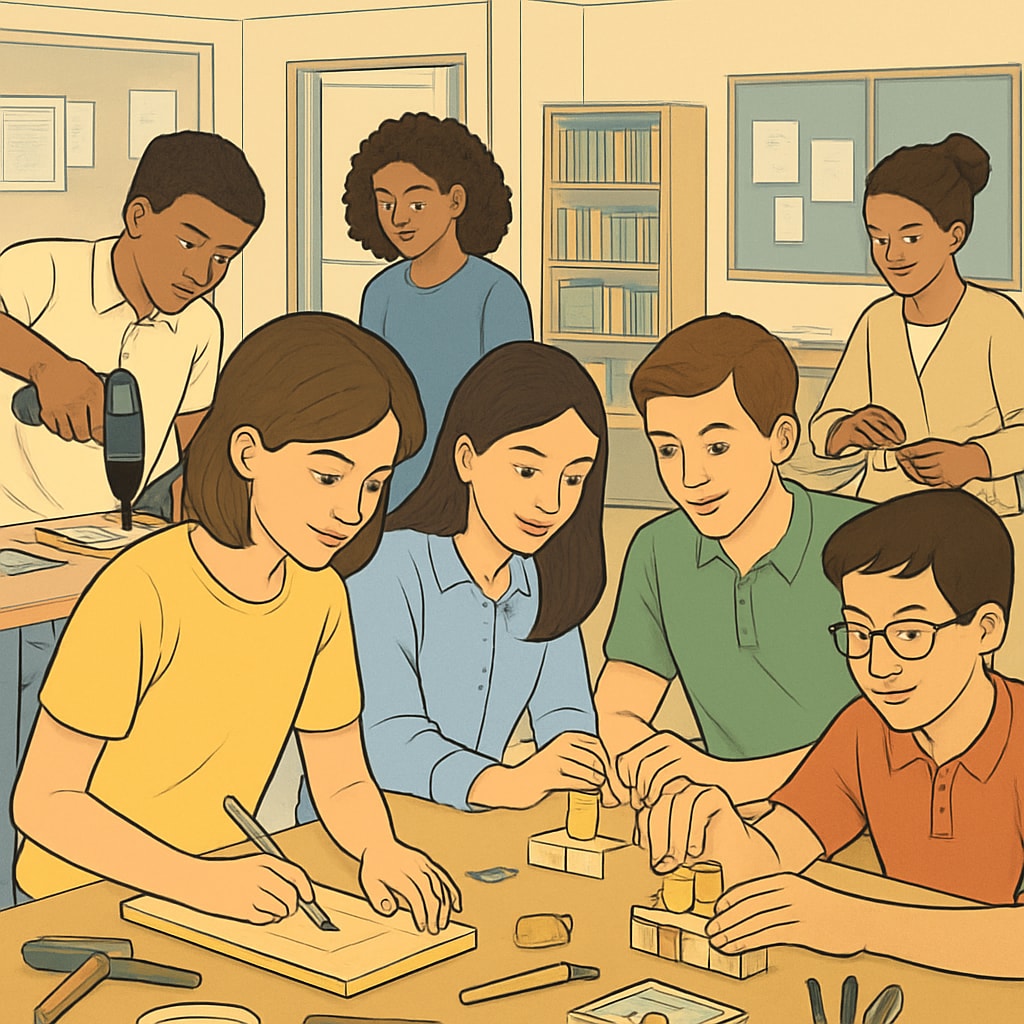 A group of high school students participating in a community workshop, engaged in hands-on learning activities. High school students engaged in community-based extracurricular learning activities.