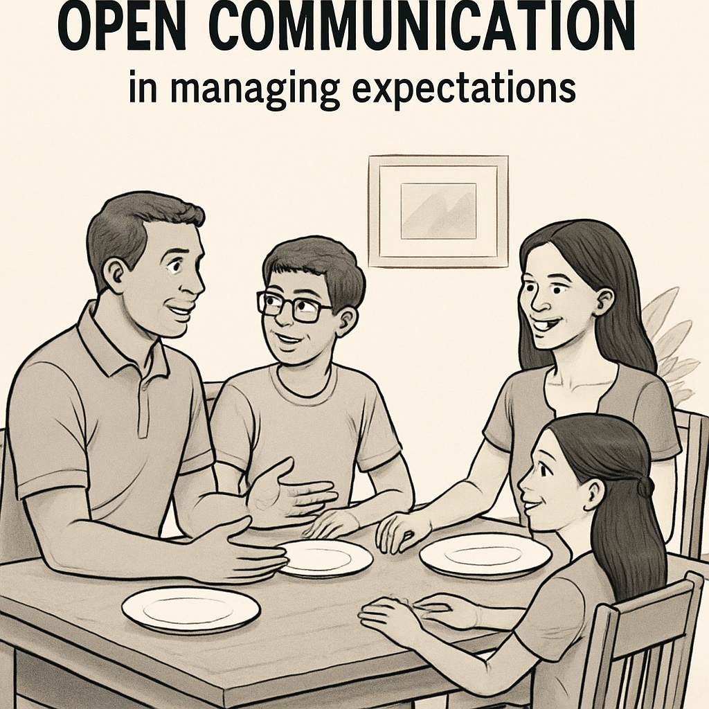 An encouraging family discussion around a dining table, symbolizing the importance of open communication in managing expectations. A family discussing educational challenges and expectations at the dinner table.