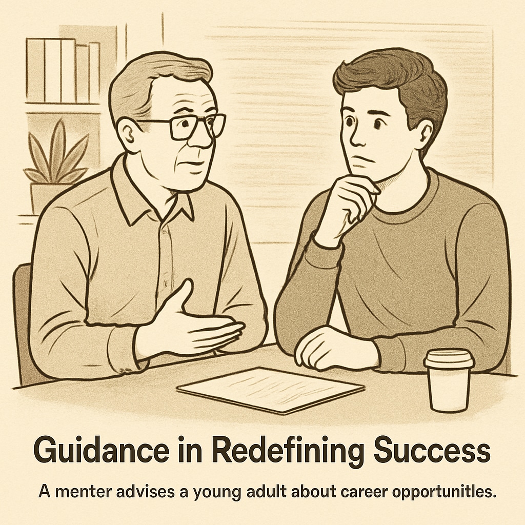 A mentor and a young adult discussing career opportunities in an informal setting, highlighting the importance of guidance in redefining success. Mentor advising a young adult about alternative career paths