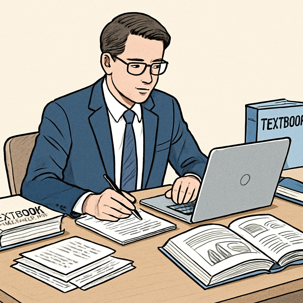 A professional sitting at a desk with a laptop, surrounded by textbooks and notes, symbolizing the balance between work and study. Balancing a master's degree, career growth, and time management