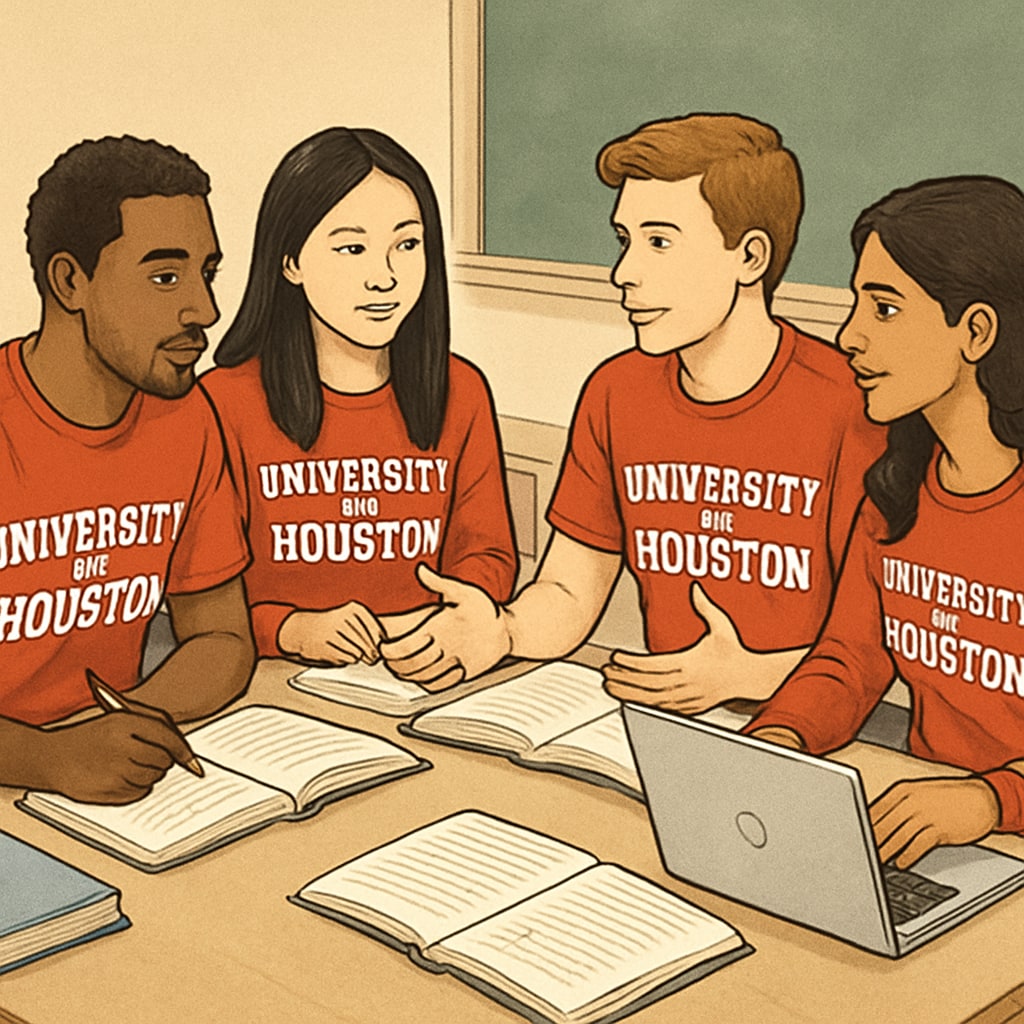 A group of University of Houston students collaborating in a study session. University of Houston students in a study group for K12 education.