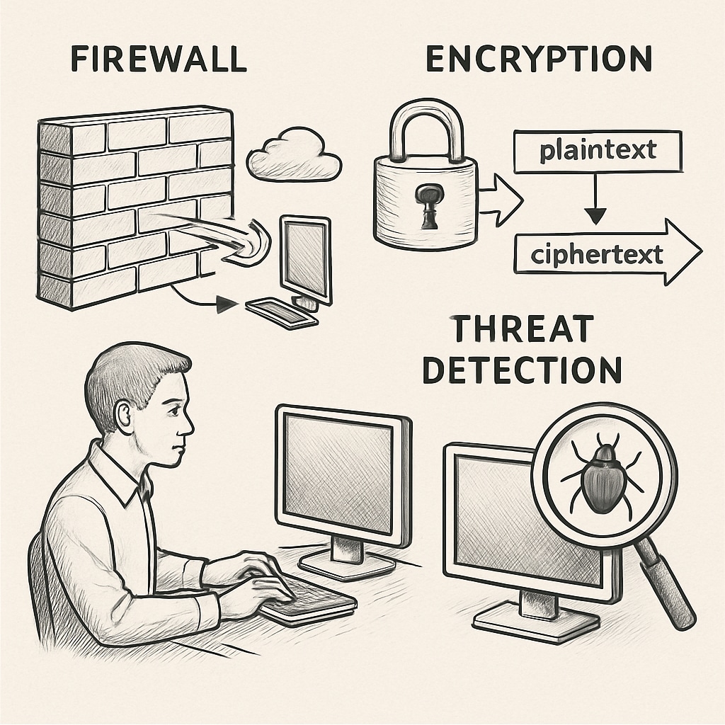 A technical illustration showing cybersecurity concepts such as firewalls, encryption, and threat detection. Cybersecurity concepts with firewalls, encryption, and threat detection.