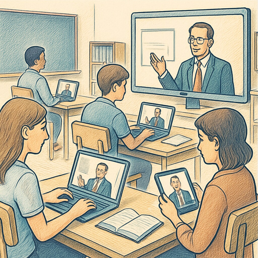 A virtual classroom setting with students attending an online lecture, showcasing the flexibility of modern educational formats. Online master's program for professionals managing career and education