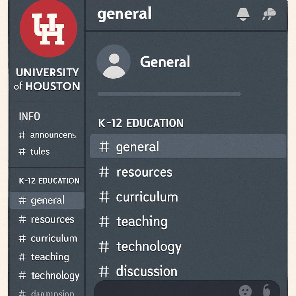 A screenshot of a Discord server dedicated to University of Houston students, showing various channels for K12 education. Discord server for University of Houston students in K12 education.
