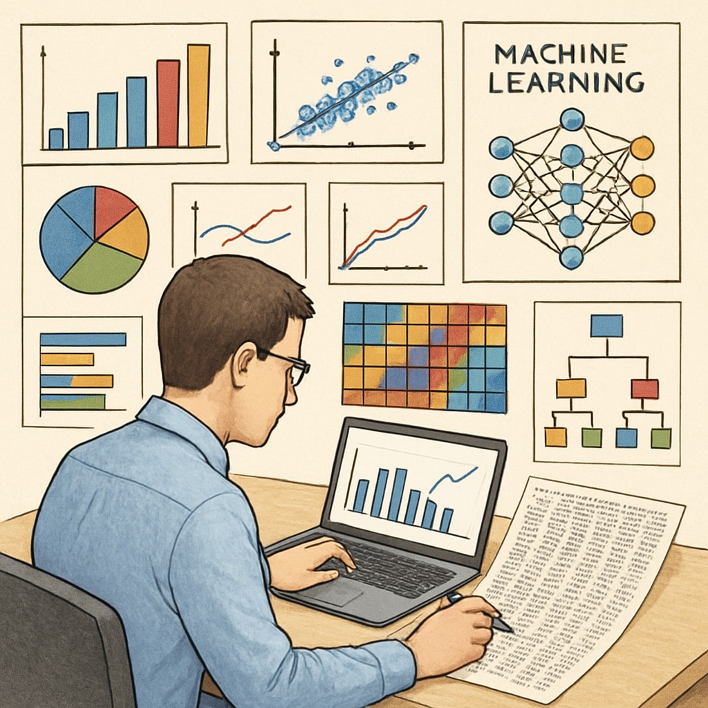 A data scientist working on a large dataset, showcasing charts, graphs, and machine learning algorithms. A data scientist analyzing large datasets with visual graphs and models.