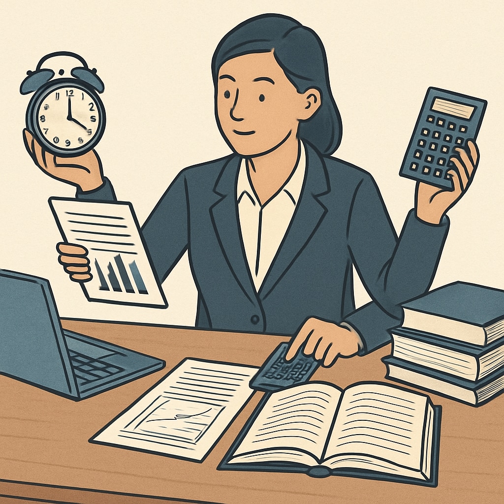 A professional multitasking with work documents and academic materials, showcasing time management skills. Professional demonstrating effective time management strategies for work and study.