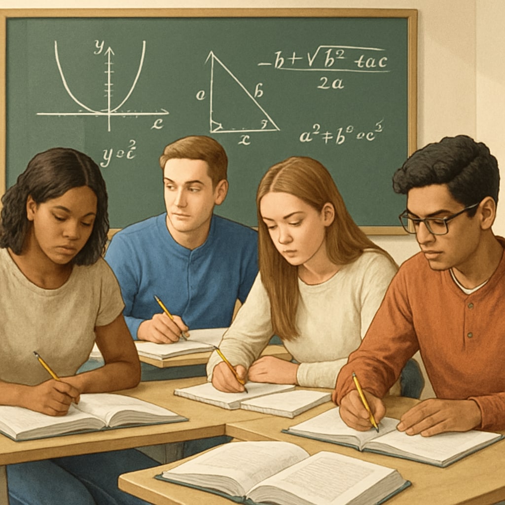 A group of young adults studying mathematics in a community college classroom, symbolizing academic resilience and pathways to education. Young adults studying mathematics in a community college classroom.