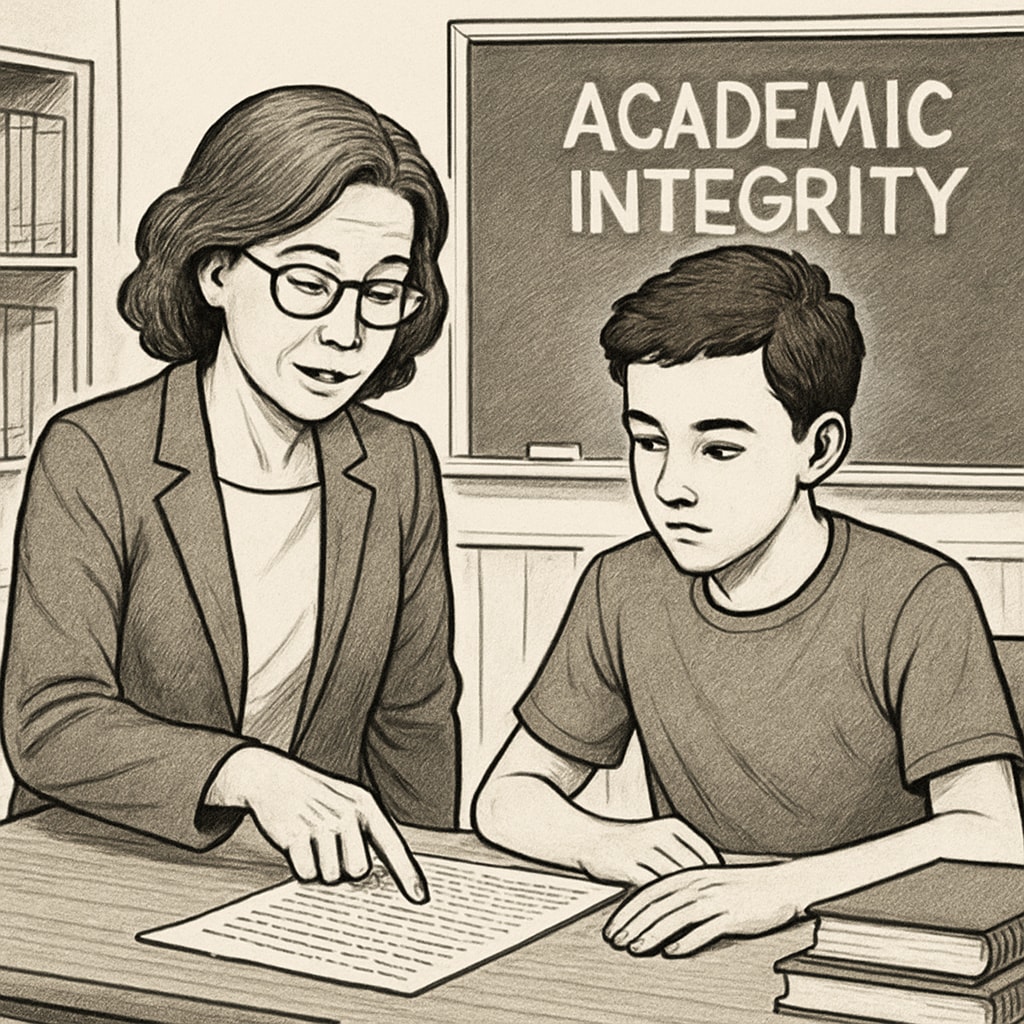A teacher and student in a classroom setting, discussing a written assignment to emphasize academic integrity. Teacher discussing plagiarism concerns with a student in a classroom.