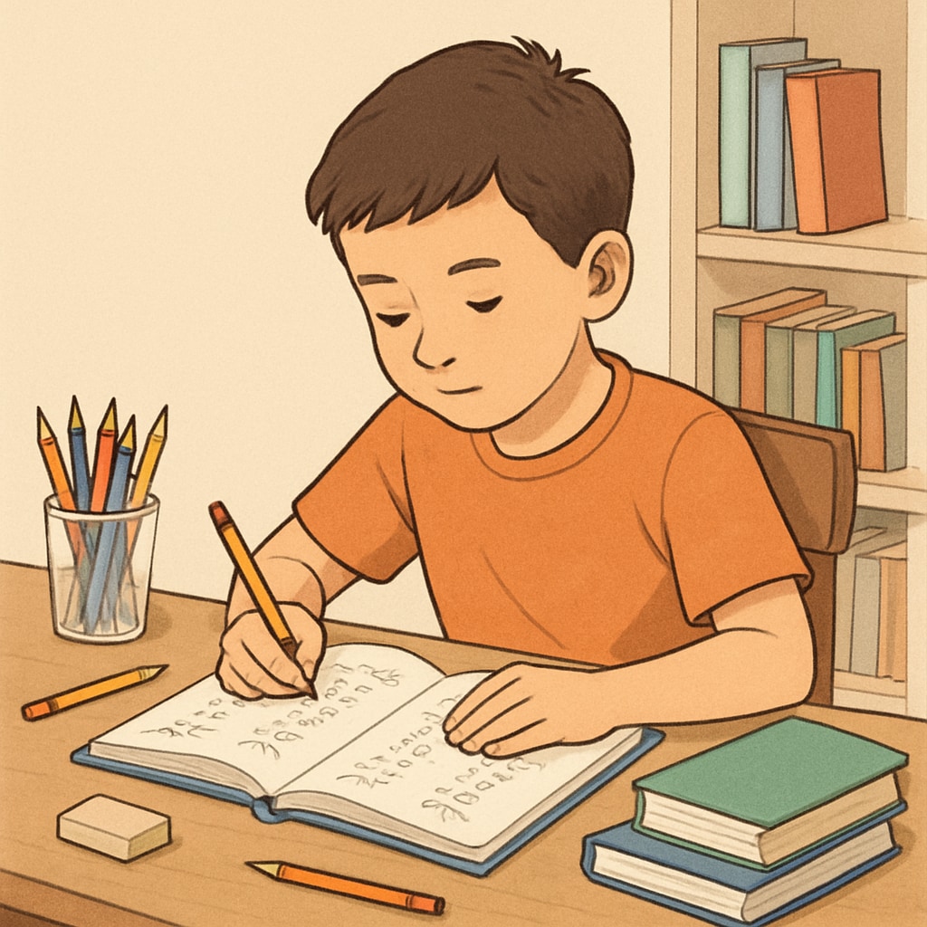 A student working through a mathematics workbook at home, demonstrating self-paced learning after academic interruption. Student working on mathematics workbook at home.