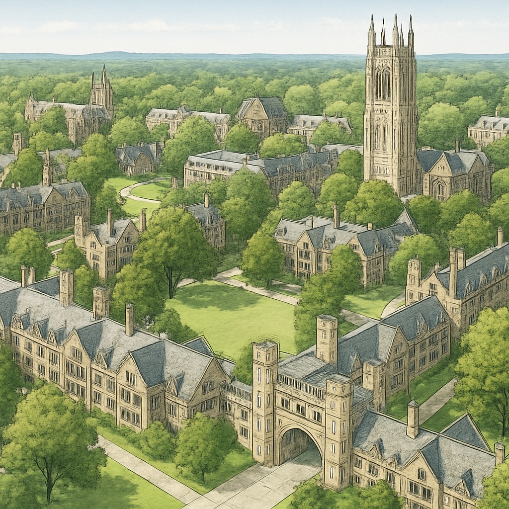 An aerial view of Princeton University’s iconic campus, showcasing its Gothic architecture and lush greenery. Princeton University campus aerial view with Gothic architecture and greenery.
