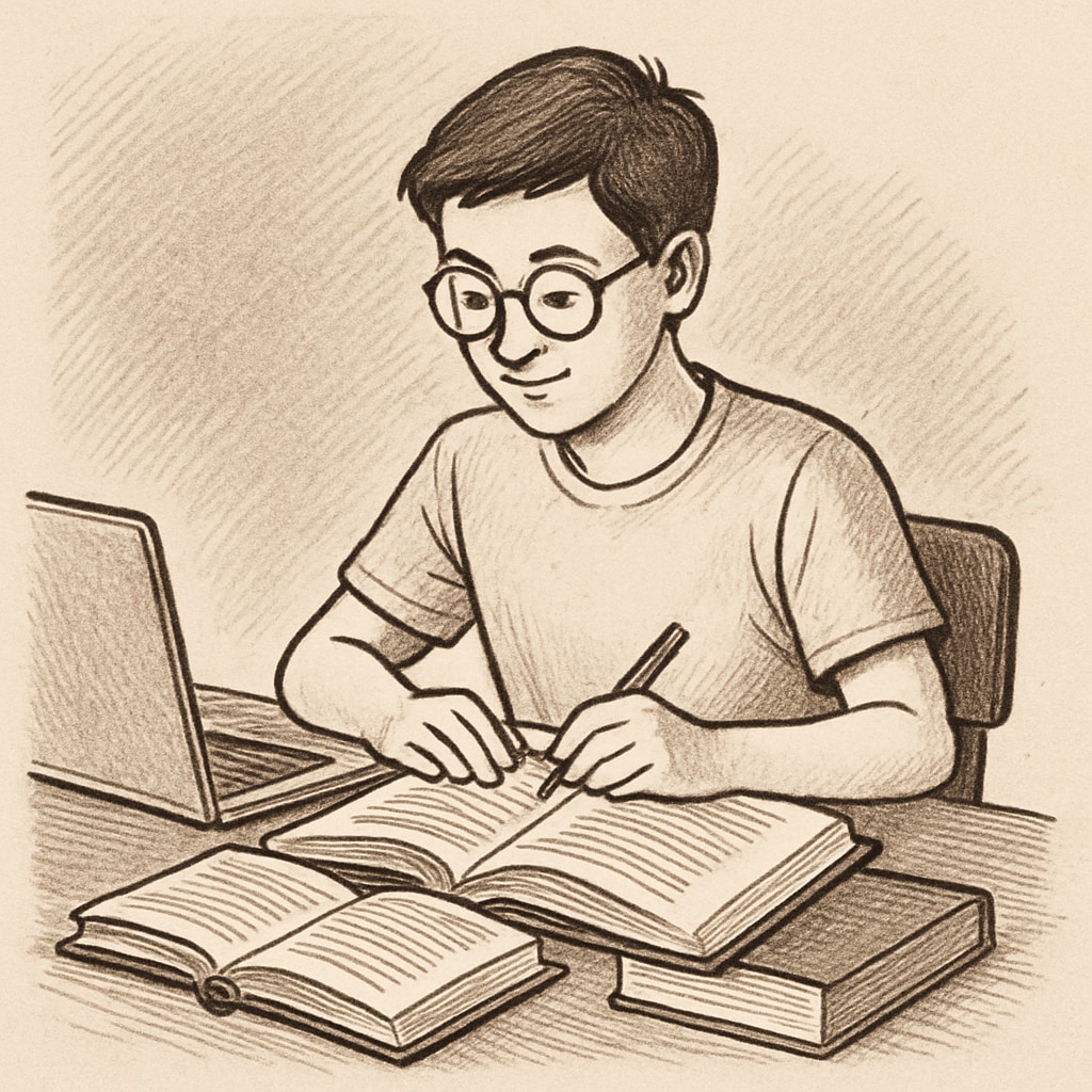 A student sitting at a desk with books and a laptop, symbolizing the process of resuming studies. A student resuming studies after an interruption in education.