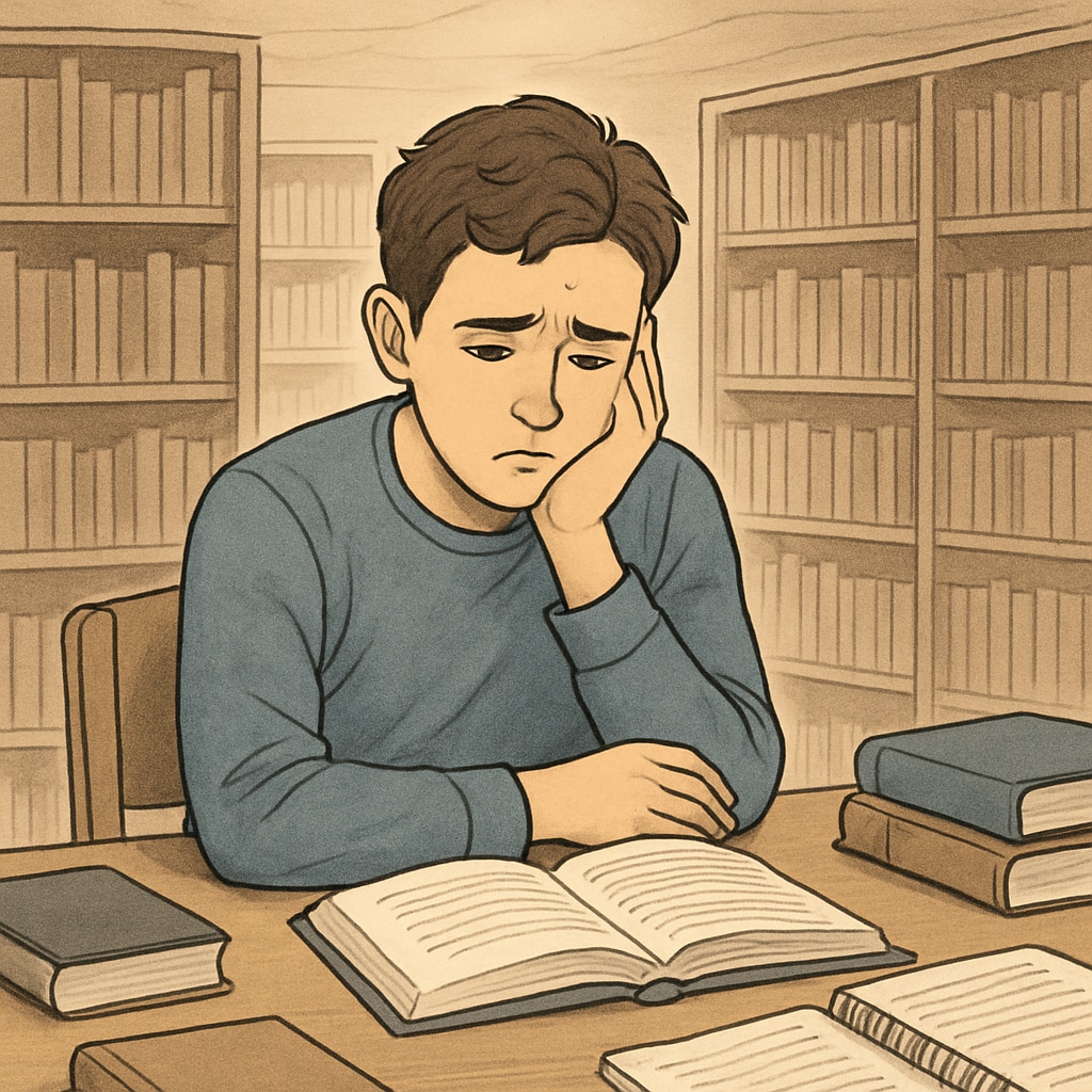 A student sitting alone in a library, appearing dejected, to illustrate the emotional effects of false plagiarism accusations. A lonely student in a library, symbolizing the impact of misguided plagiarism accusations.