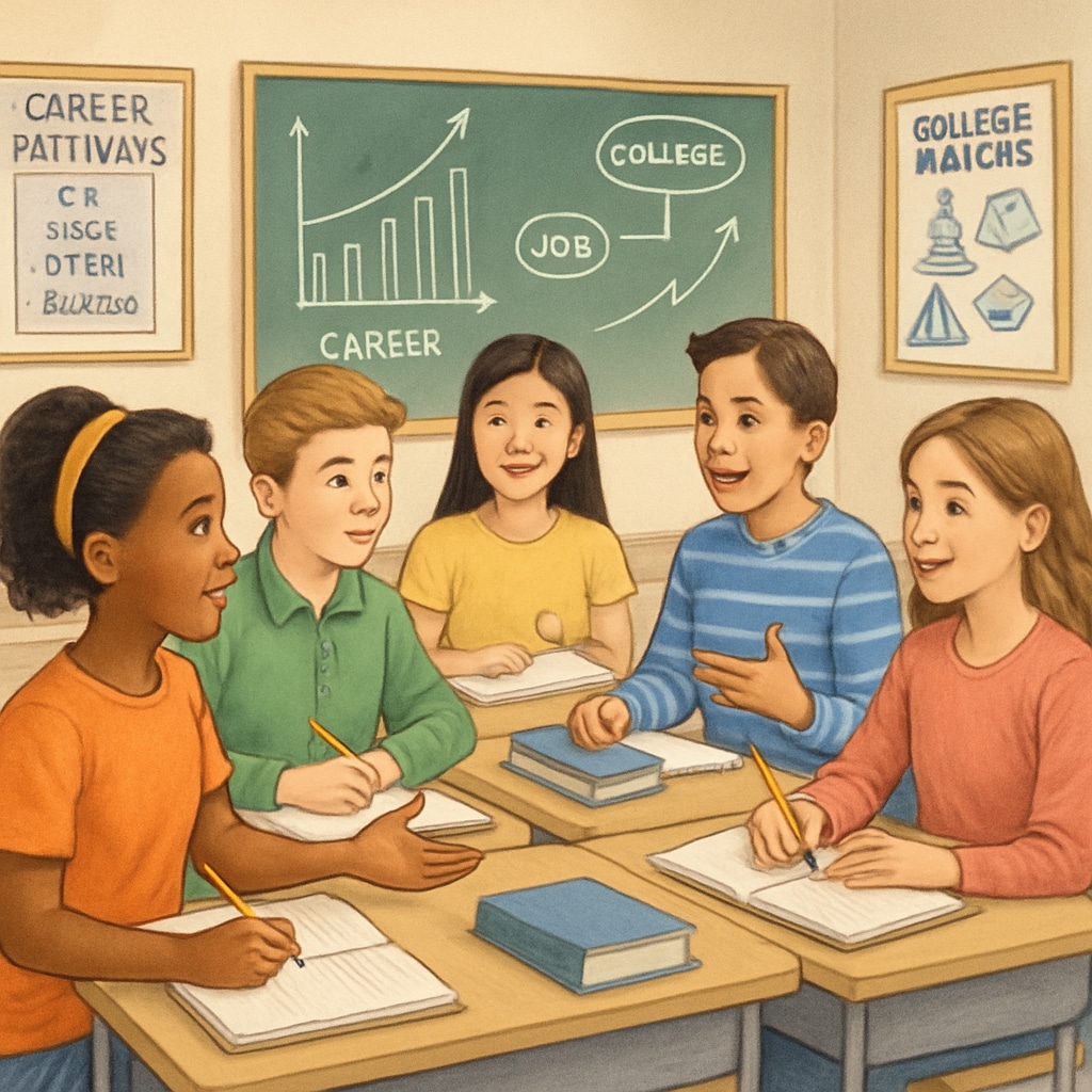 A group of K-12 students in a classroom setting, discussing college aspirations and career pathways. K-12 students discussing college aspirations and career pathways.