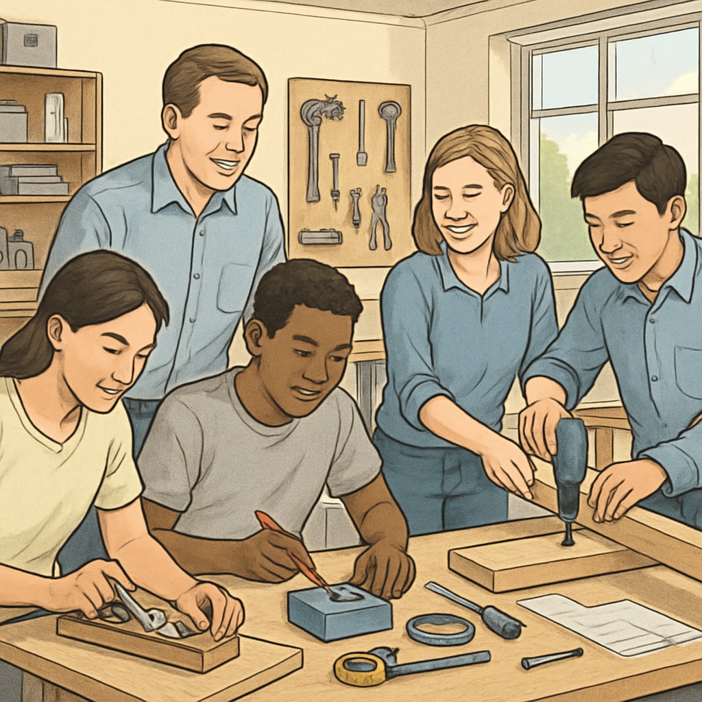 Students in a classroom setting, engaging in hands-on vocational training, emphasizing practical education recovery. Students engaging in vocational training as part of education recovery pathways.
