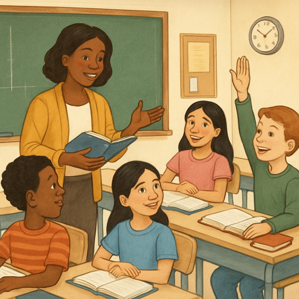 A classroom scene with diverse students and a teacher engaging in discussion, symbolizing the importance of diverse perspectives in education. A teacher fostering discussion with diverse students, emphasizing educational inclusivity.