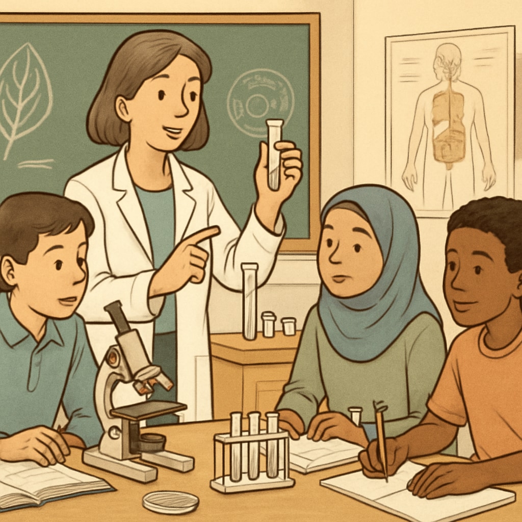 A high school science teacher assisting English learners with a biology experiment, demonstrating differentiated instruction techniques. Science teacher guiding English learners through a biology experiment.