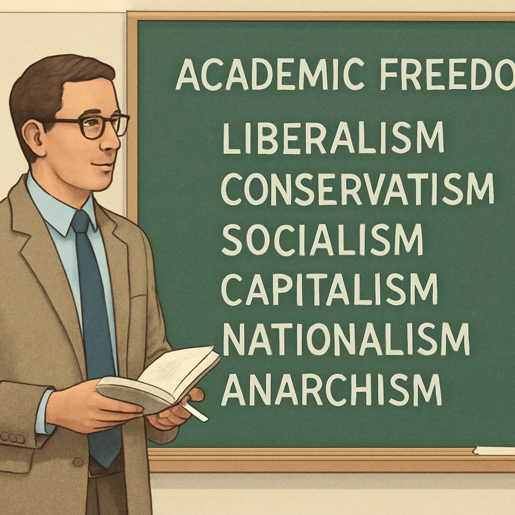 A teacher standing at a chalkboard with diverse ideological concepts written out, representing academic freedom and the exchange of ideas. A teacher explaining ideological concepts, highlighting academic freedom in education.