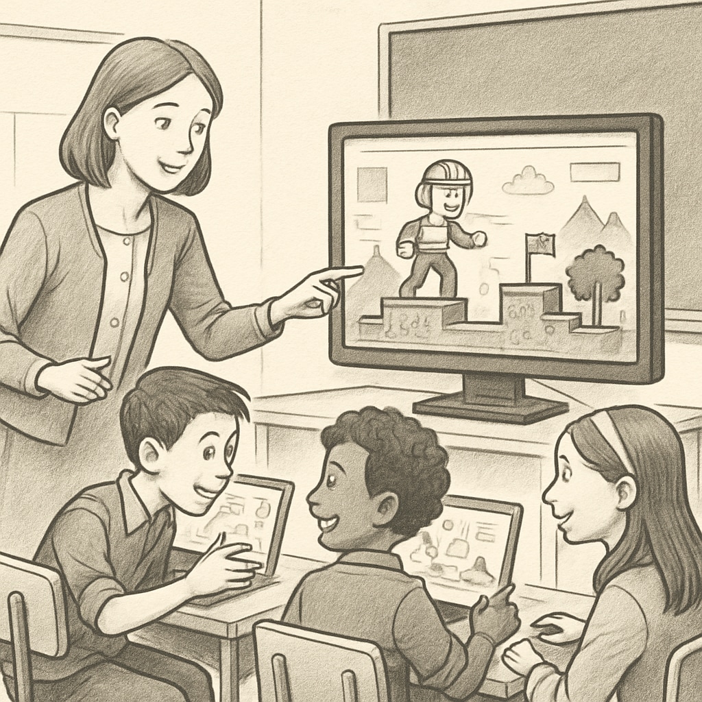 A teacher using a gaming platform in a classroom setting, with students engaged and collaborating on tasks. Game-based learning in a classroom with students and a teacher using technology