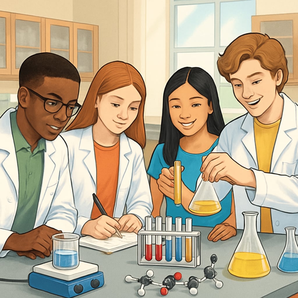 Students working together in a high school chemistry lab, showcasing collaboration among diverse learners. Diverse high school students collaborating in a chemistry lab experiment.