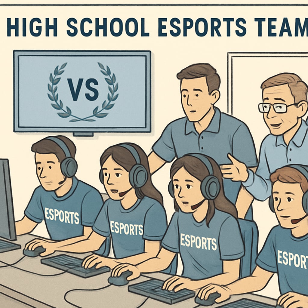 A high school esports team participating in a tournament, with coaches guiding them. Esports team in a competition, demonstrating teamwork and strategy