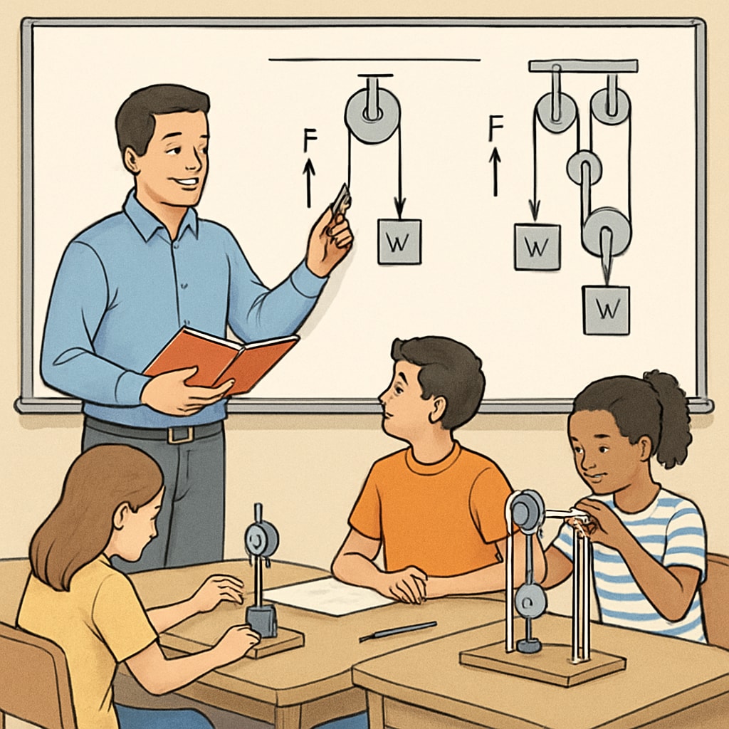 A classroom setting where a teacher is demonstrating an engineering concept using interactive tools; could include a whiteboard with diagrams or students engaged in hands-on activities. Teacher demonstrating engineering concepts in a classroom setting